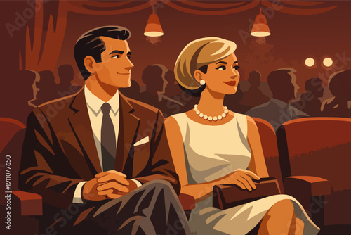 Elegant couple enjoying vintage entertainment in a classic retro theater