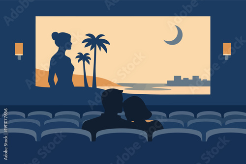 Couple enjoying romantic movie date in cinema watching film about island getaway