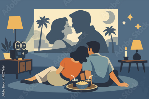 Couple sharing a romantic movie night at home projecting a vintage film