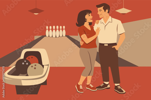 Loving couple embracing at retro bowling alley during a leisure date
