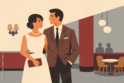 Vintage couple arriving at a formal event, experiencing romance and elegance