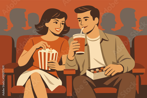 Retro couple enjoying a movie date at the cinema with popcorn and soft drink