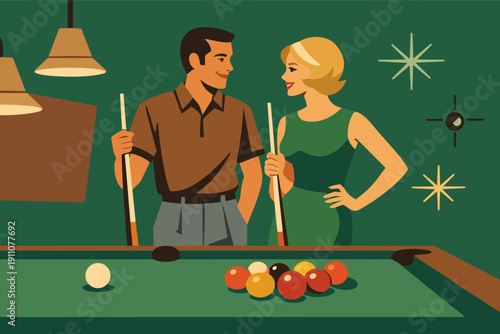 Couple playing billiards in a retro style illustration enjoying leisure time