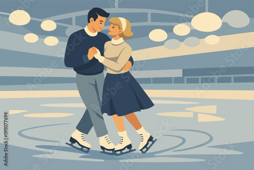Couple ice skating, enjoying romantic winter date at retro rink