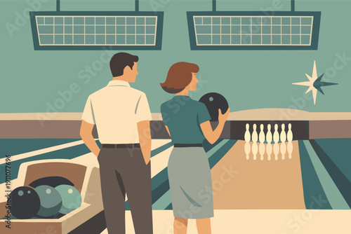Couple bowling in a retro alley, enjoying a vintage mid-century modern aesthetic game