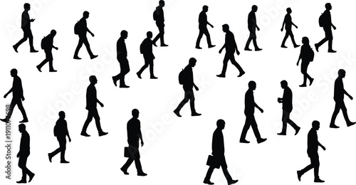 Collection of walking people silhouettes with backpacks and briefcases, black pedestrian figures set isolated on white background for urban lifestyle design