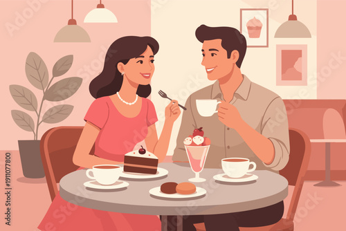 Happy couple enjoying a sweet romantic date at a cafe, celebrating love