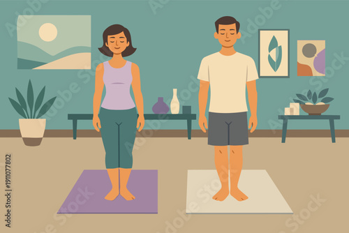 Couple practicing mountain pose yoga at home for wellness and mindfulness