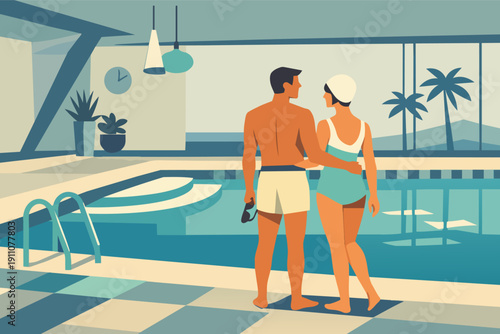 Couple enjoying vacation at mid-century modern swimming pool with palm trees