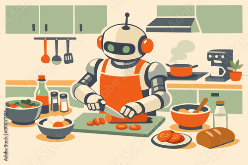 Robot wearing an apron cutting vegetables on a chopping board in a modern kitchen