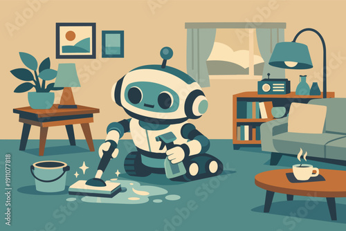 Robot assistant cleaning floor at home, providing domestic help and smart technology