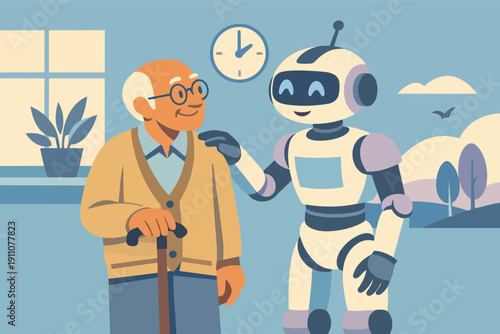 Robot assisting elderly man, providing care and companionship for seniors