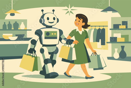 Robot assistant helping woman shopping with bags, retail future concept