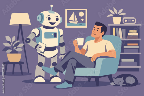 Robot assistant helping man relaxing at home, showing futuristic smart living