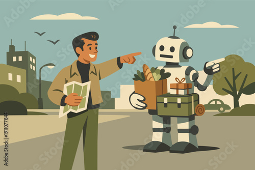 Human customer pointing direction to robot delivery service on city street