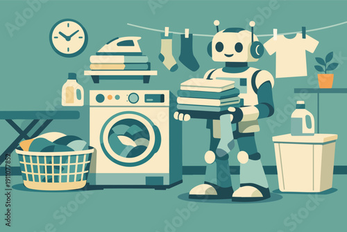Robot assistant handling laundry chores, folding clothes in futuristic smart home