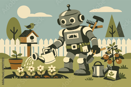 Retro robot gardener planting and watering flowers and plants in backyard