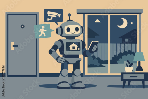 Robot assistant managing smart home security system, monitoring indoor activity