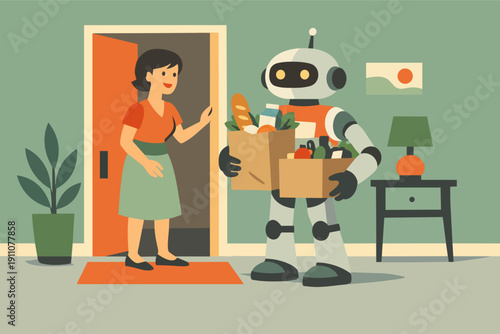 Robot delivering groceries to a woman at her home door