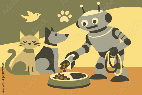 Robot providing automated pet care, feeding dog and cat at home