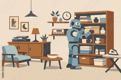 Robot assistant organizing vintage style living room shelves, ai home automation
