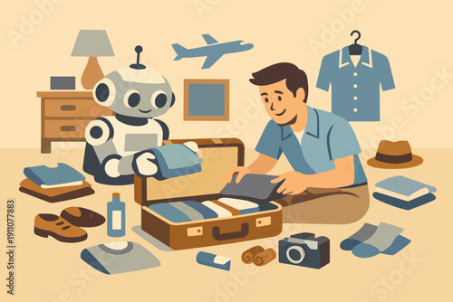 Human and ai robot assistant packing suitcase for vacation trip together