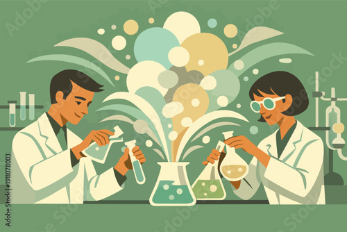 Scientists performing chemistry experiment in laboratory causing exciting reaction