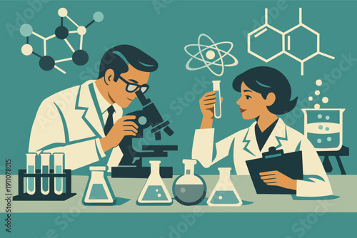 Scientists conducting research in chemistry laboratory with microscope and test tubes