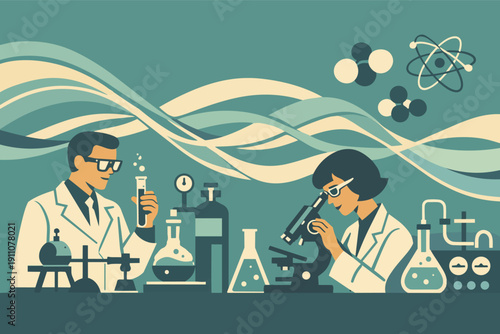 Scientists conducting chemistry research in laboratory with retro illustration style
