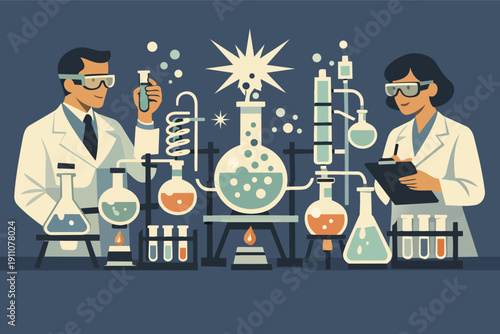 Scientists conducting chemistry experiments in laboratory, researching new discoveries