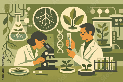 Scientists researching plant genetics in a laboratory, improving agricultural biotechnology