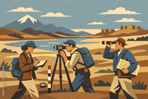 Geodesy team surveying terrain for land mapping and exploration project