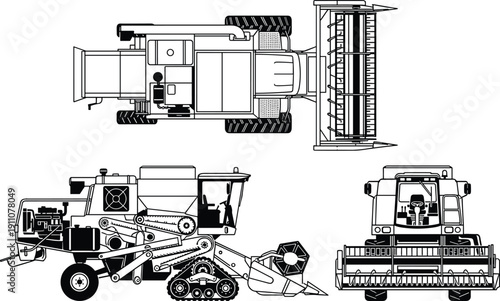 Detailed combine harvester agricultural machine technical drawing set with top, side and front views isolated on white background vector illustration