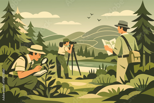 Science team exploring nature, researching botany and surveying landscape