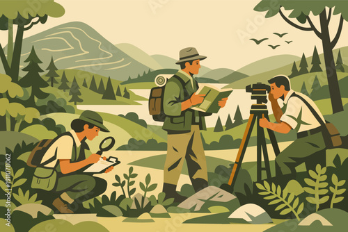 Geologists team surveying measuring and exploring nature for science research