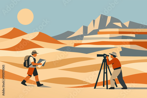 Desert explorers navigating vast dunes and ancient structures, surveying the land