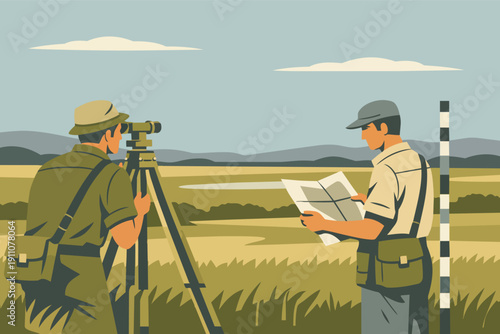 Surveyors measuring and mapping land with surveying equipment and topographic map