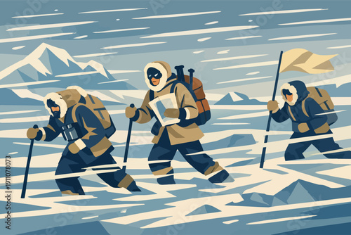 Expedition members enduring a harsh snowstorm, venturing across icy terrain