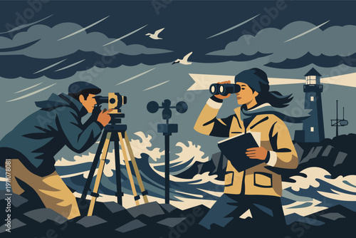 Researchers monitoring ocean weather, studying meteorology with scientific equipment