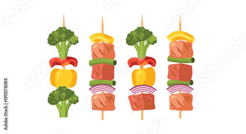 Four vertical skewers feature grilled meat cubes, green broccoli, colorful bell peppers, and sliced red onions.