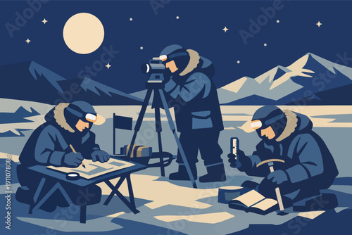 Polar expedition team researching in arctic night landscape with full moon and stars