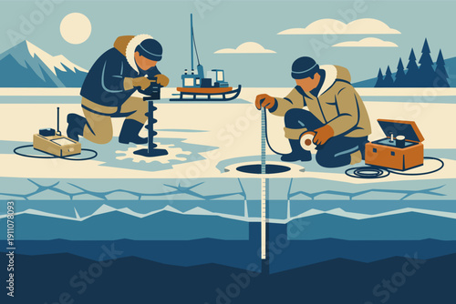 Researchers studying ice and water collecting polar data for environmental analysis