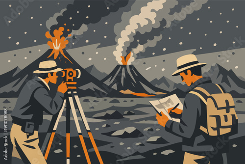 Geologists conducting volcanic research, surveying erupting mountains, exploring geology