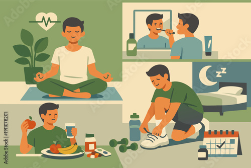Man following a daily routine of self-care for physical and mental health