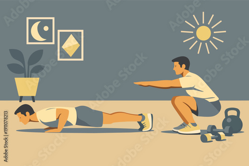 Men doing home workout exercises, performing pushups and squats for fitness