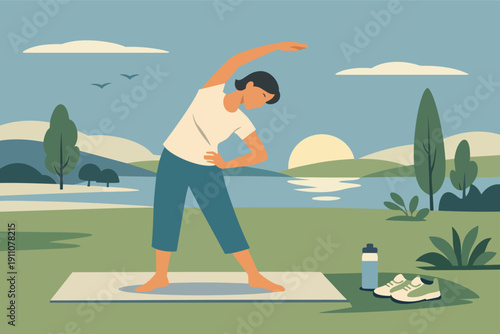 Woman stretching in outdoor morning setting for health and wellness