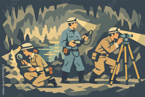 Geologists team exploring cave, researching subterranean environment, studying rock formations