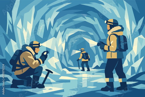 Group exploring ice cave, adventurers discovering frozen cavern formation
