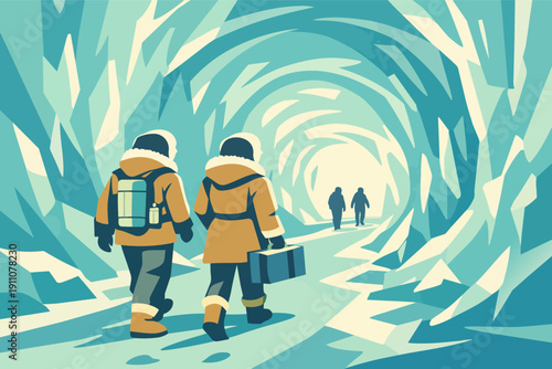 Explorers walking through an ice cave tunnel during a cold winter expedition