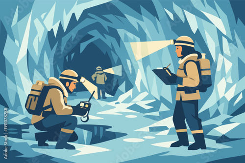 Scientists exploring glacier ice cave, conducting research and documenting findings